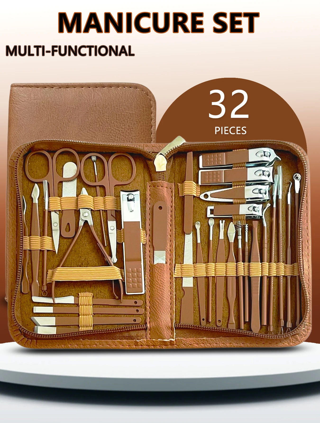 Nuovo set tagliaunghie da 32 pezzi marrone Set manicure strumento per la cura del piede tagliaunghie set tagliacapelli per sopracciglia con borsa da viaggio portatile con cerniera