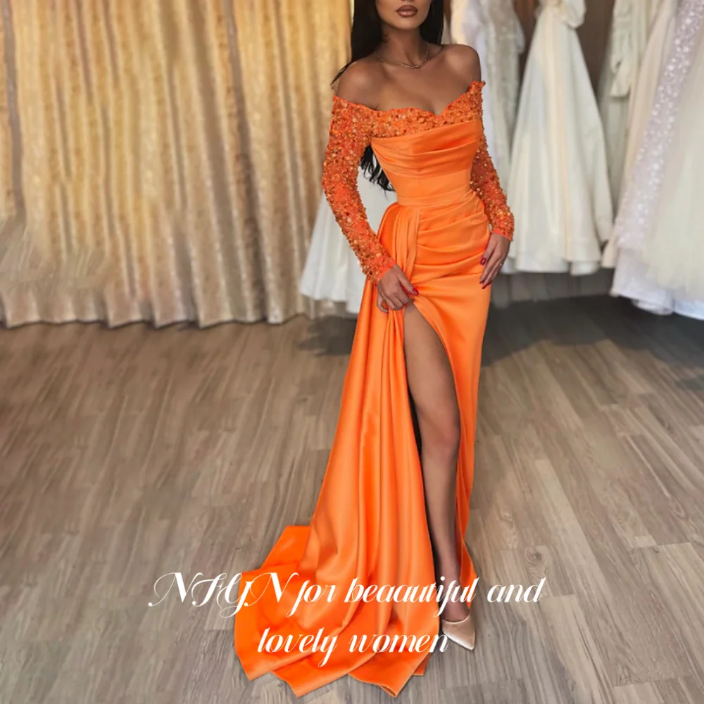 NFYN Shining Full Sleeves Gold Party Dress Side Split Prom Dress Off the Shoulder Sequin Evening Dress Stain Mermaid Customized image 4
