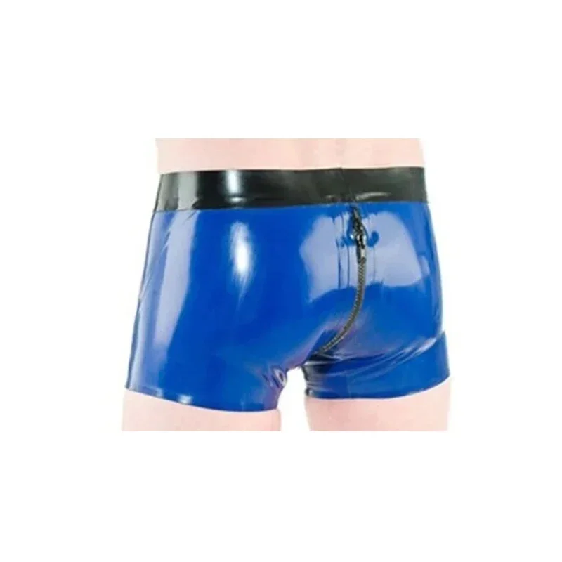 Culotte Sexy en Latex Bleu Naturel pour Homme, Boxer en Caoutchouc avec Fermeture Éclair à l'Entrejambe, Avant à Dos, 100%