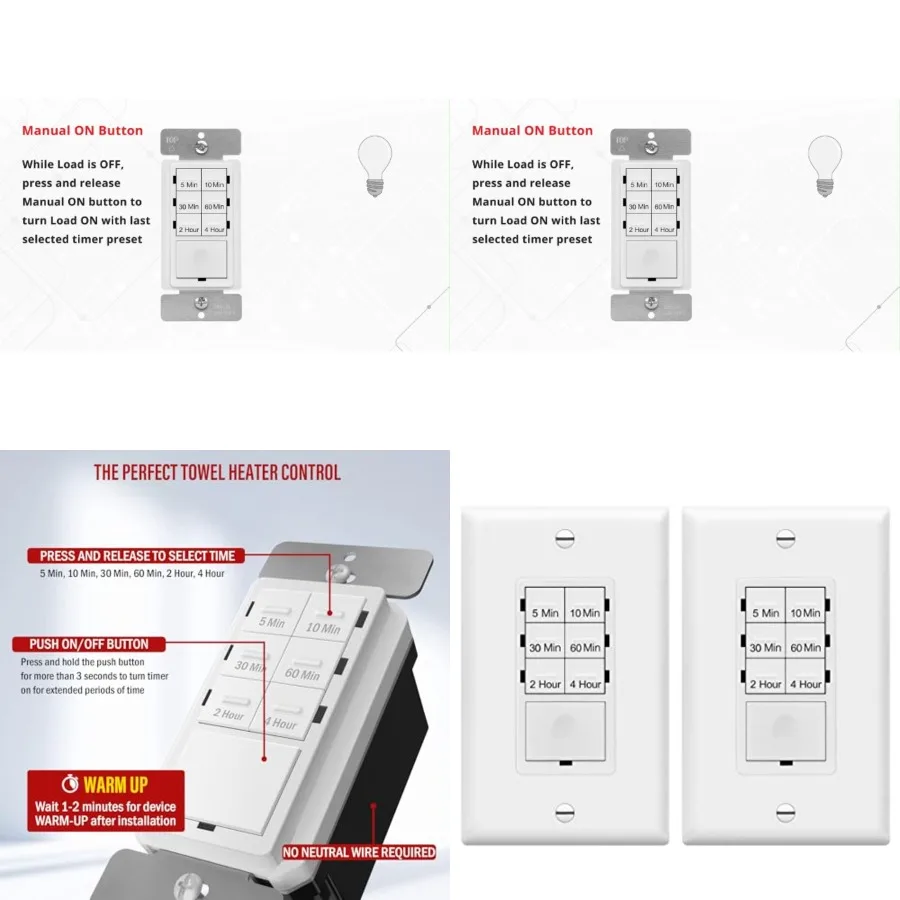 No Neutral Wire Countdown Timer Switch, 5-10--60, -, for Bathroom Fans, Heaters, Lights, LED Indicator, 120VAC 800W, UL Listed,