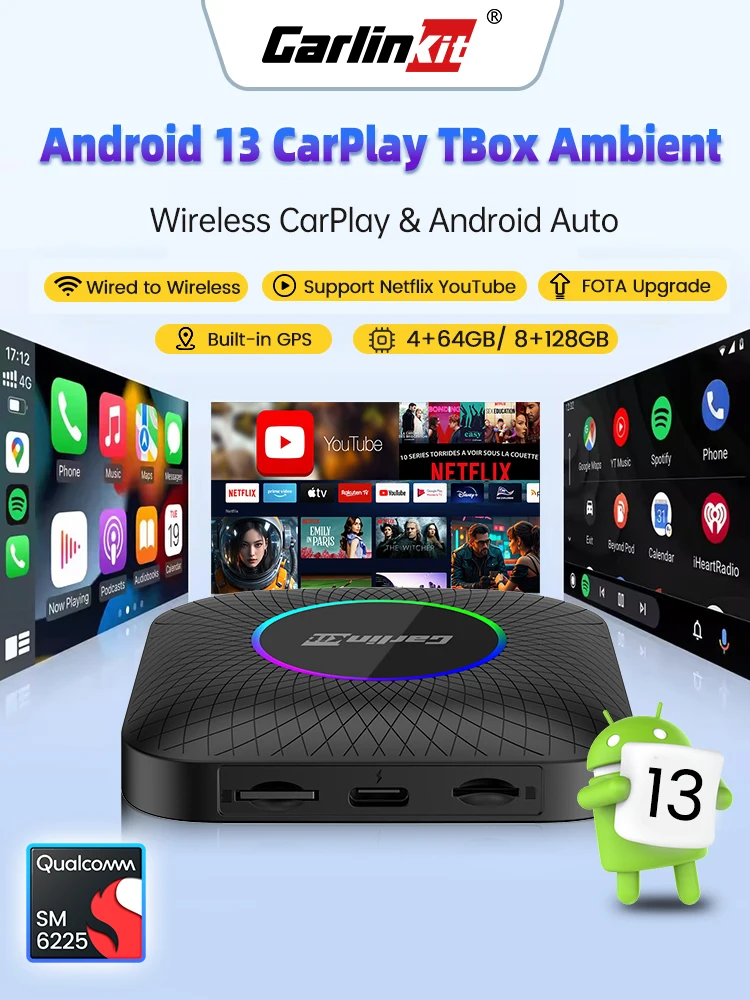Carlinkit 128G Android 13 Ai Box Draadloze Carplay Android Auto Adapter Qualcomm 6225 8-Core Auto Connect Ondersteuning Youtube Netflix - afbeelding 2