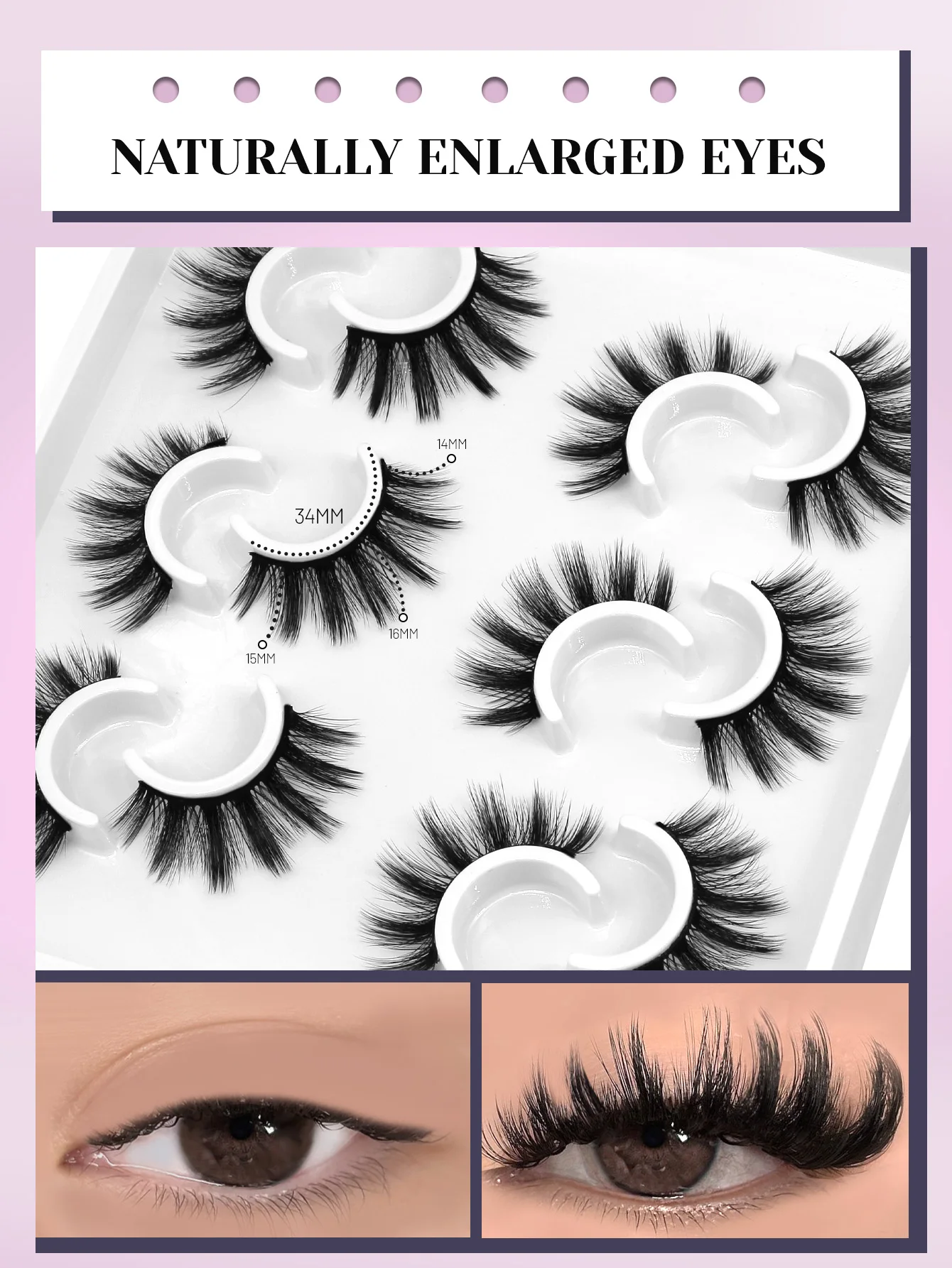 3D Natural False Lashes, Cat Eye, 6 Pairs
