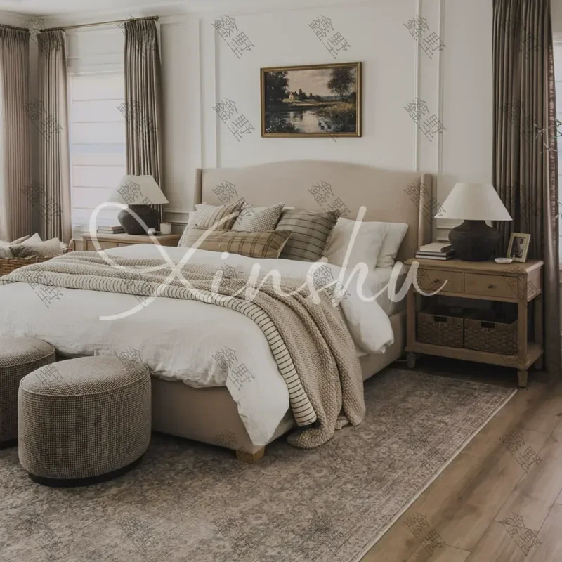 Retro Solid Wood Bed 1.8m Cotton Linen Fabric Bed Nordic Modern Style for Master Bedroom Small Apartment 1.5m Double Bed