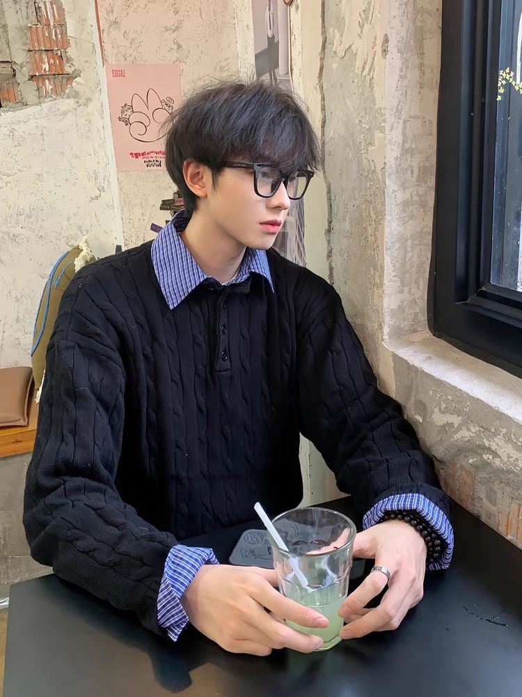 

YKEE американский вязаный свитер в стиле ретро, мужской воротник с поворотным цветком, искусственный двухсекционный свободный крой, осенняя повседневная верхняя одежда