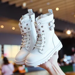 2021 Kids Fashion Little Girl Shoes Child Sneaker Autumn Boots Girl Middle Tube Boots  White Black 3 4 5 6 7 8 9 10 11 12 Years