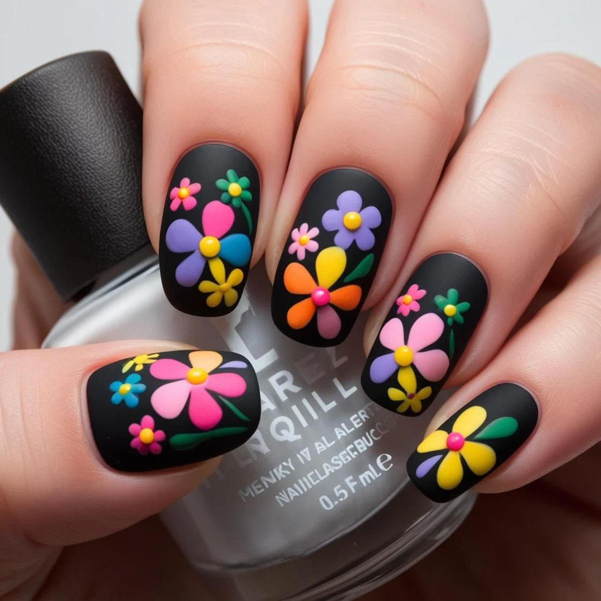 24 Stück mittelgroße, quadratische, bunte Blumen-Press-On-Nägel, matte schwarze, ausgefallene Kunstnägel. Abnehmbares Nagelset, ideales Geschenk für Mädchen