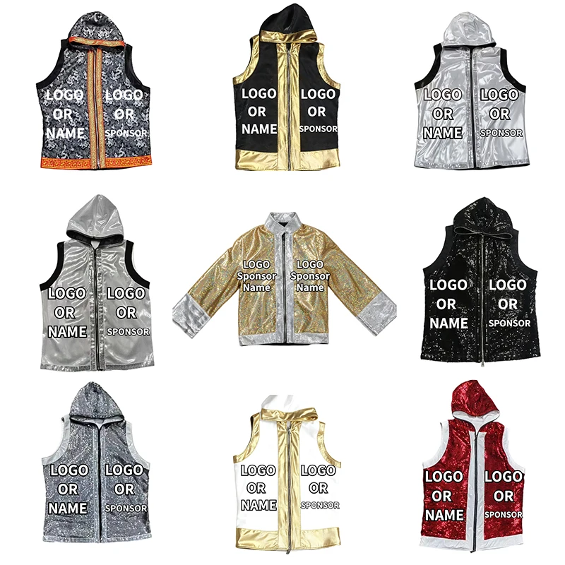 Custom Logo Hooded Boxing Warm Up Robe Zipper Closure MMA Martial Arts Sparring Muay Thai Gown Sleeveless Kickboxing Top Jacket