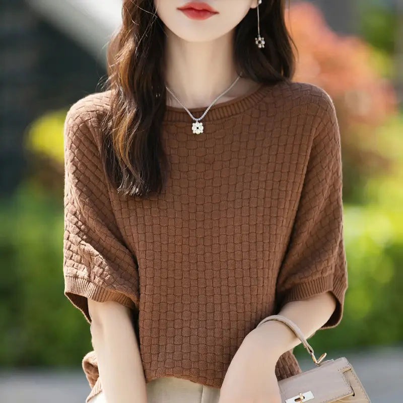 Classic Short Sleeve Pullover Women's knitting 100% Pure Cotton Sweater O-Neck Solid Knitted seat style High Quality Loose tops - Image 3