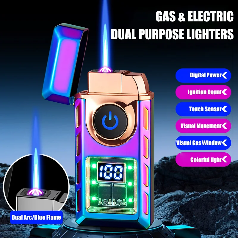 Creative Double Arc Blue Flame Lighters Two Flames Visible Gas Window Power Display Ignition Times Ignition Gadgets