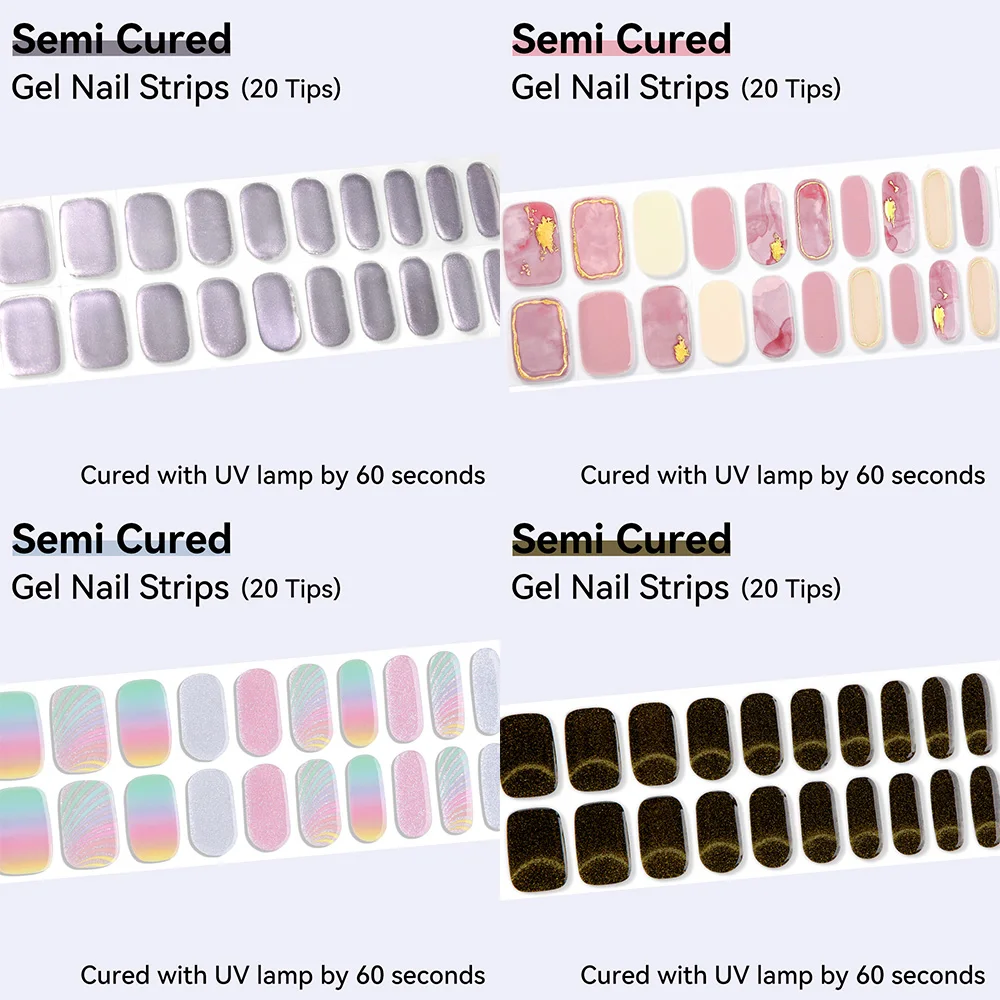 20Tips Semi Cured Pink Marble Effect Nail Wraps Black Fine Glitter Nail Tips Animal Pattern Design Dark Blue Color Nail Strips