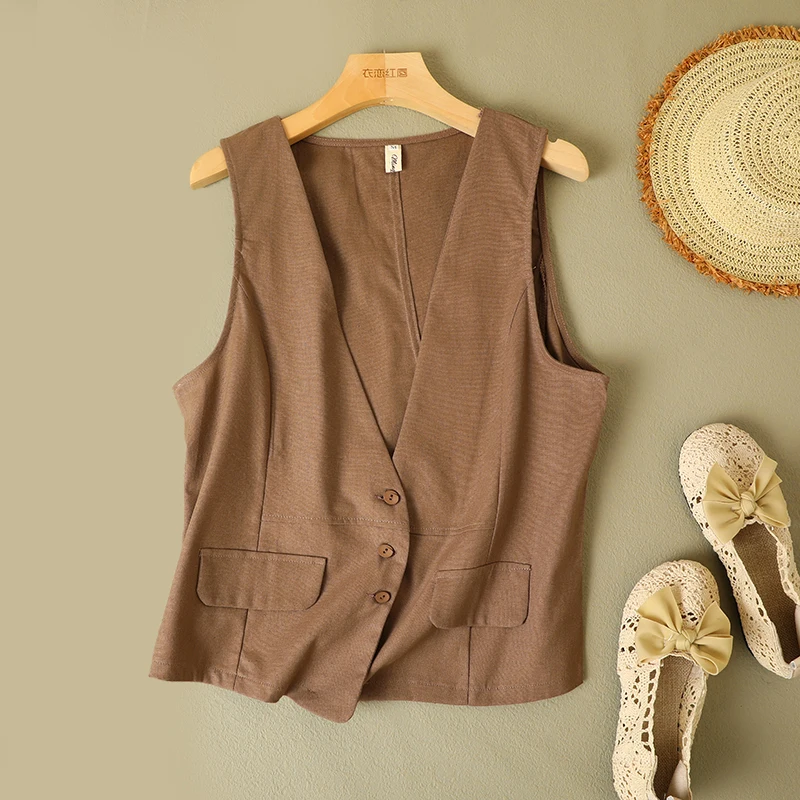 

Pure Color Splice Cotton Linen Thin Vest Outerwear Women's V-ne Svel Tee-buttoned Linen Summer Top Commute Sle