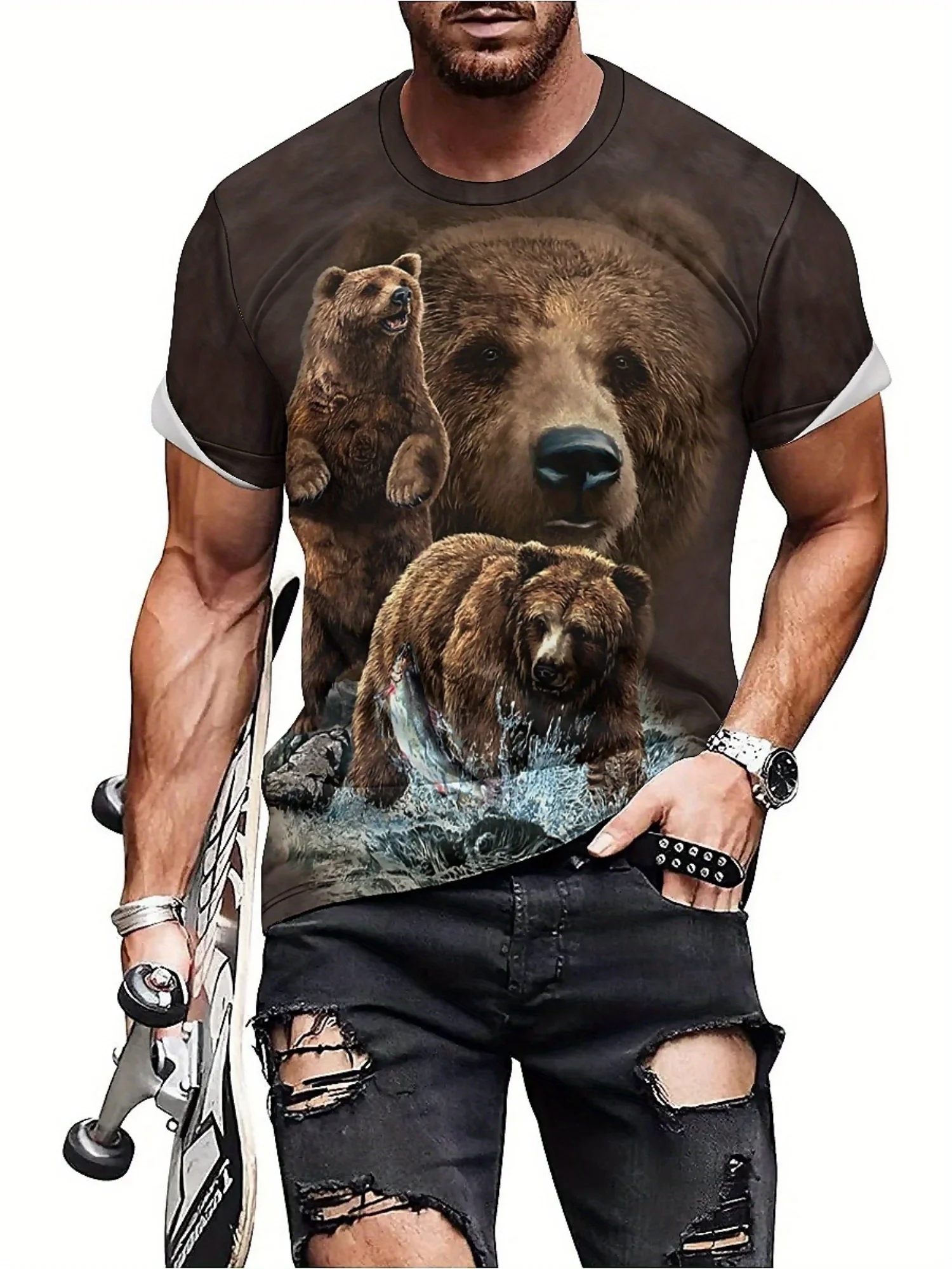 Spring/Summer Men's & Women's 3D Print Bear Graphic T-Shirt - Soft Polyester Fabric, Regular Fit Round Neck Short Sleeve Tee