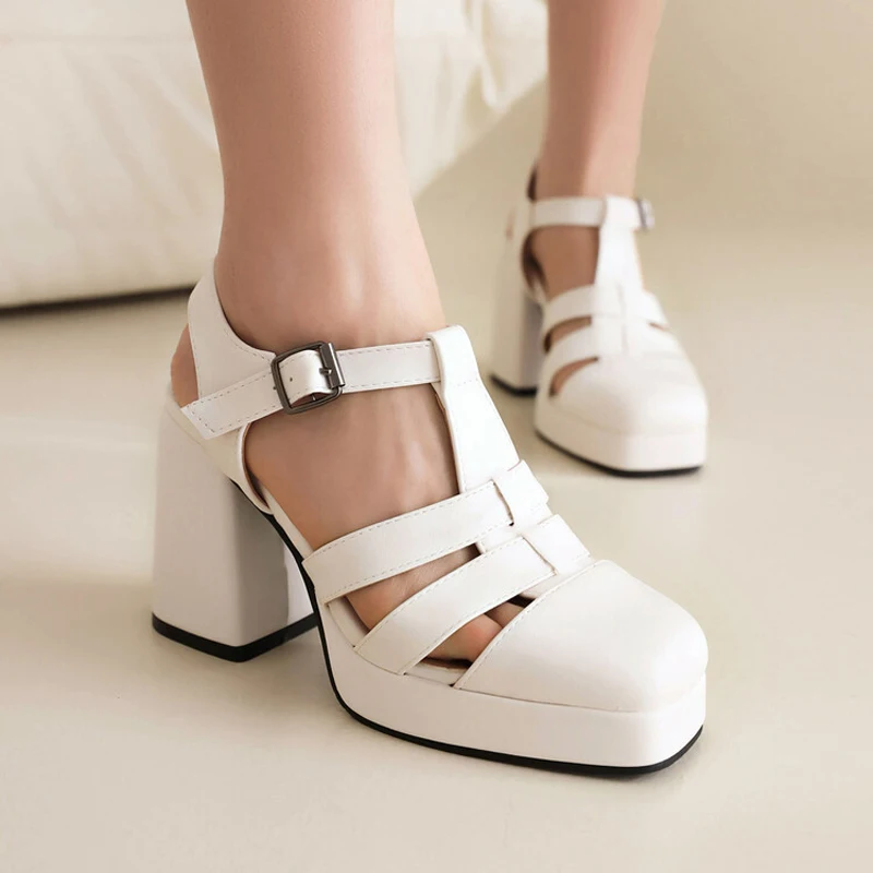 Square Toe Platform Sandals Women Summer Hollow Out Chunky Heel Shoes Women T-Strap 9CM High Heels Sandalias Mujer LWSH5652 view 2
