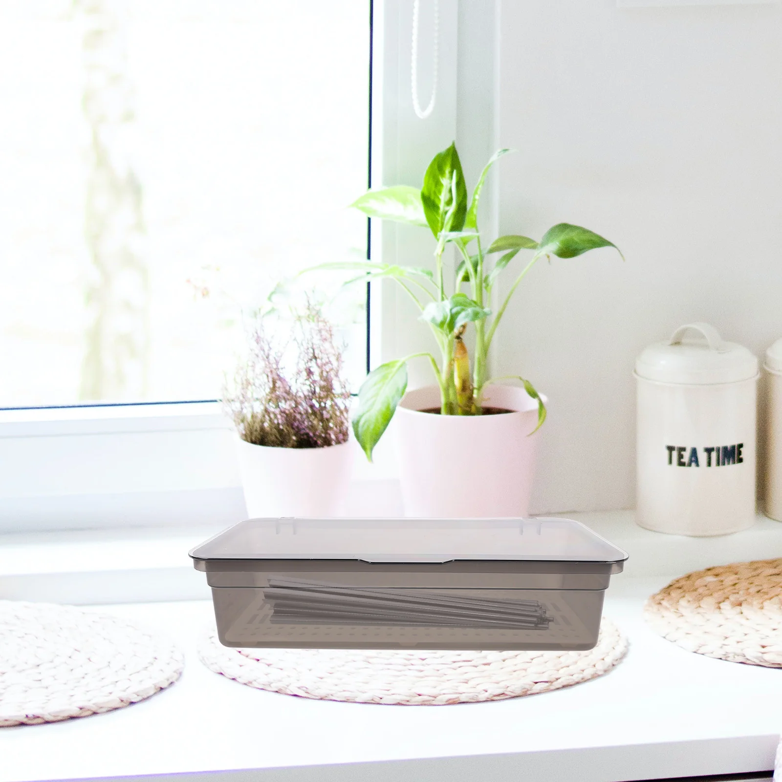 صندوق عيدان 25 سنتيمتر حامل أطباق رمادي غطاء شفاف استنزاف تصميم أواني التخزين المنظم درج المطبخ أدوات المائدة #3