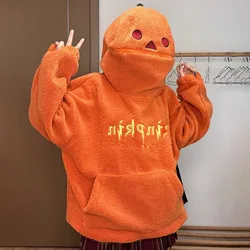 American Retro Pumpkin Head Hoodide For Women Men Winter Lamb Plush Orange Sweatshirt Loose Thickened Warm Couple Halloween Gift