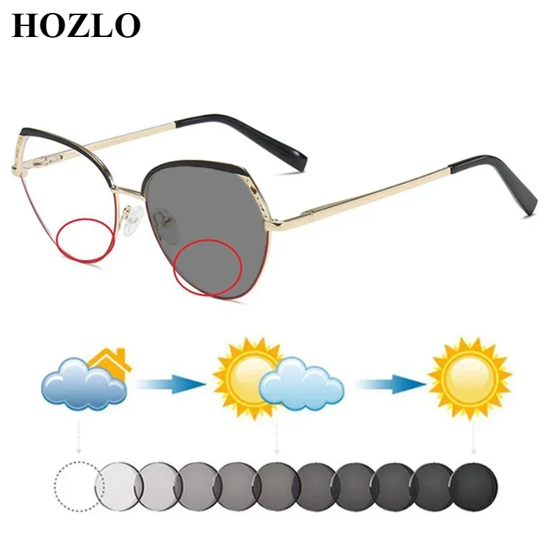 Women Fashion Alloy Patchwork Photochromic Bifocal Reading Sunglasses Ladies Hyperopia Shades Glasses Spectacles Look Near Far