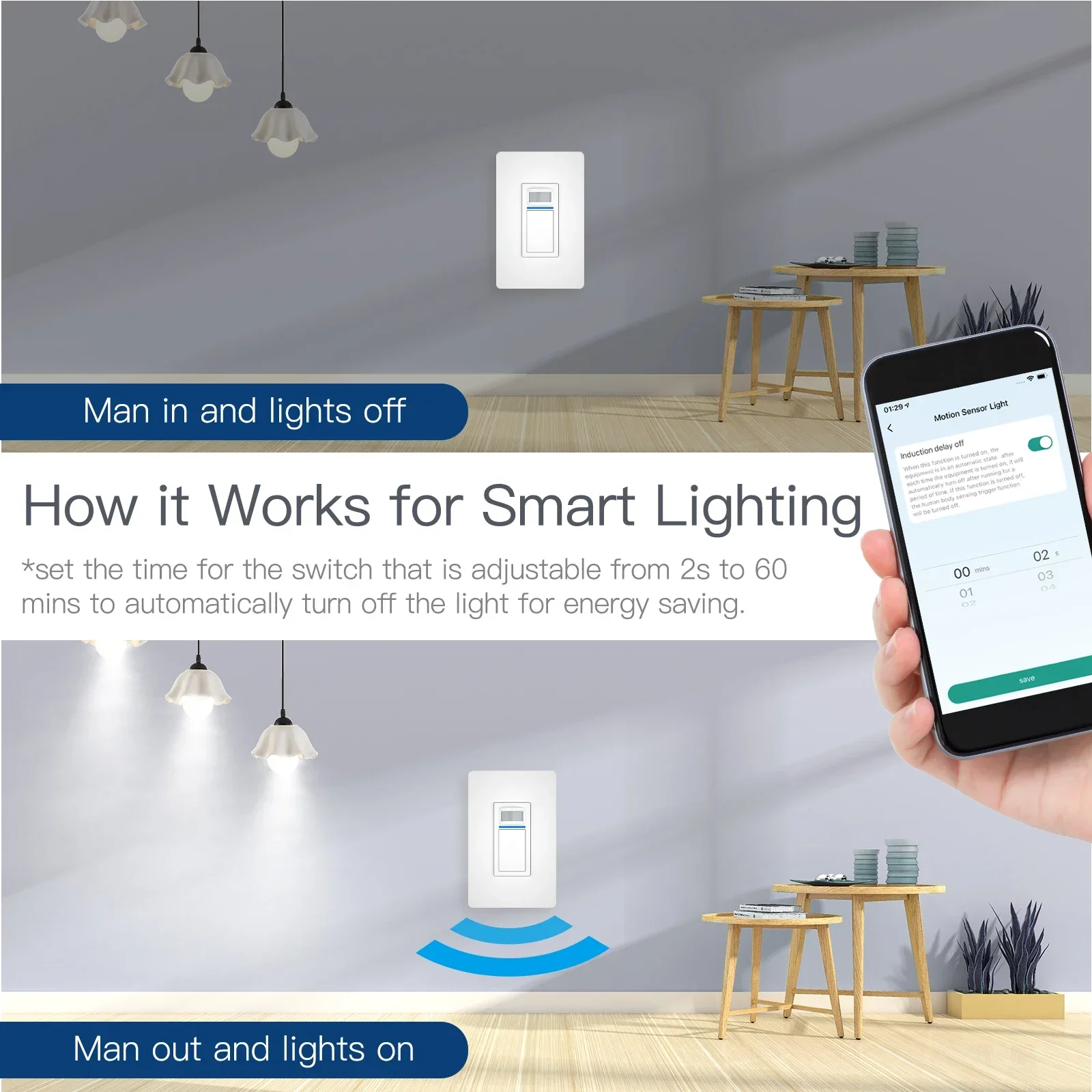 Tuya Smart WiFi PIR Motion Sensor Light Switch Single Pole US Neutral Wire Required Smart Life Work with Alexa/Google Assistant