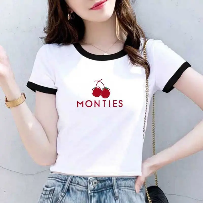 

Pure cotton short sleeved 2024 summer high waisted fashionable Korean version slim fit round neck white sexy top women's T-shirt