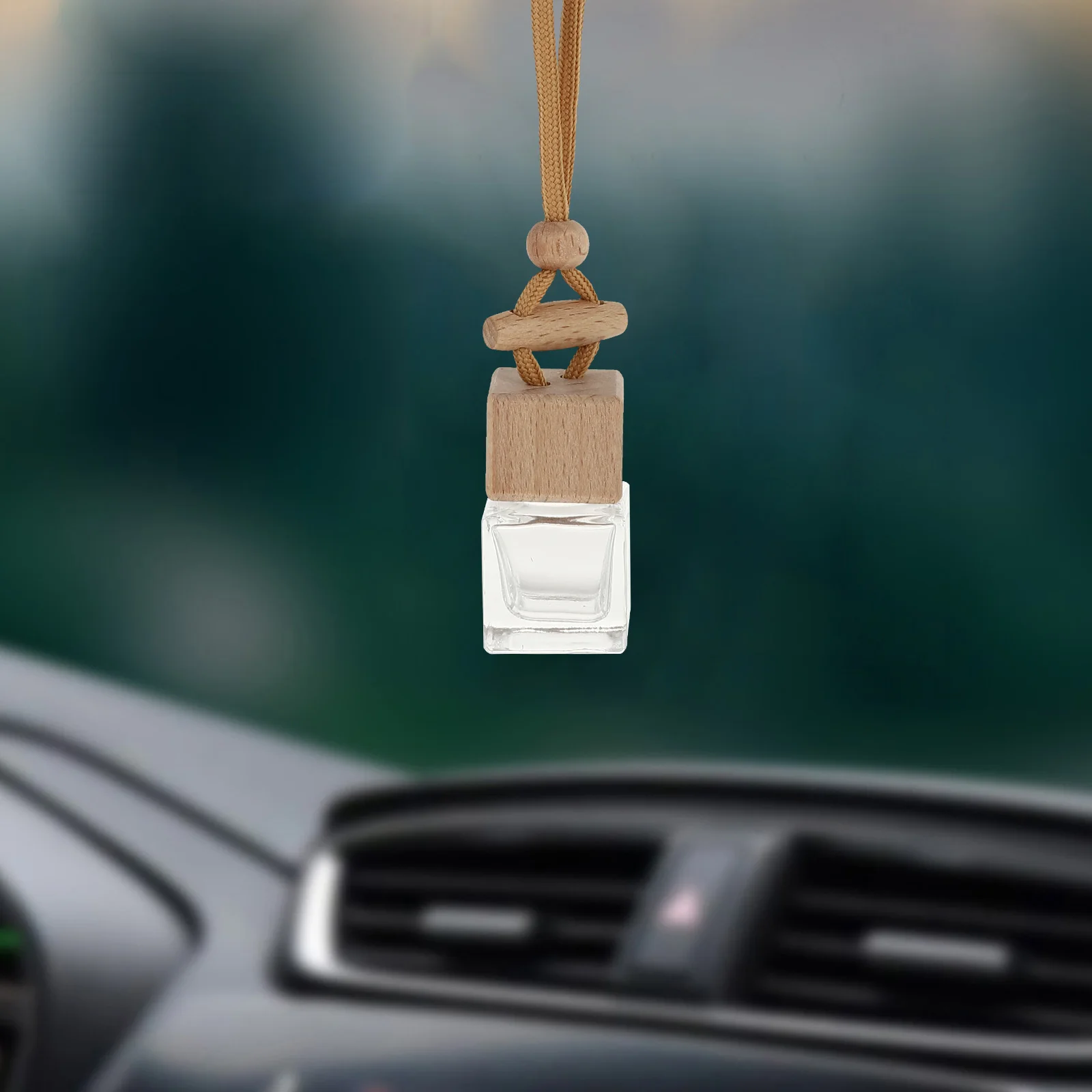 

5pcs Car Hanging Aromatherapy Bottle Refillable Air Freshener Square Glass Wood Cap Essential Oil Diffuser Decor