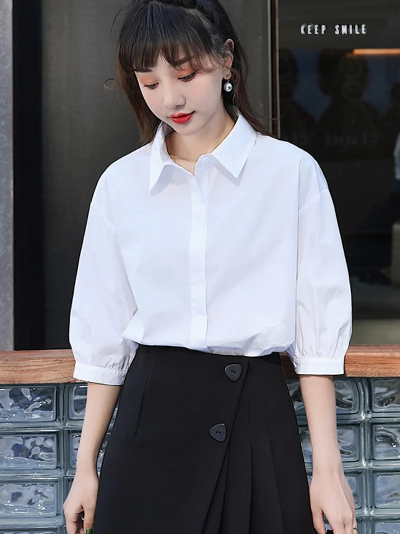 

Busin женская белая блузка со средним рукавом, однотонная, свободная посадка, летняя белая блузка, модная корейская блузка из полиэстера прямого кроя