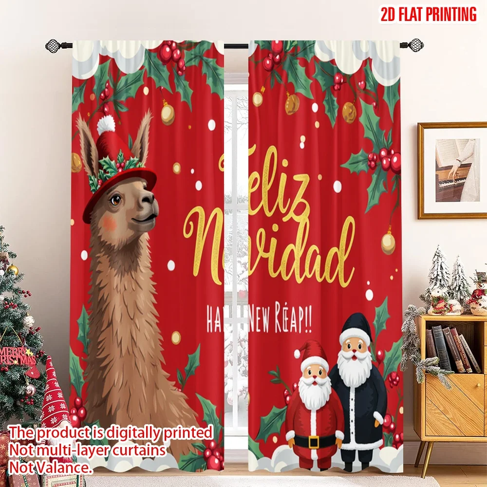 

2pcs 2D flat printing Christmas Drapes Feliz Navidad Llama Santa 100% Polyester Fabric Without Electricity Party Decorations for