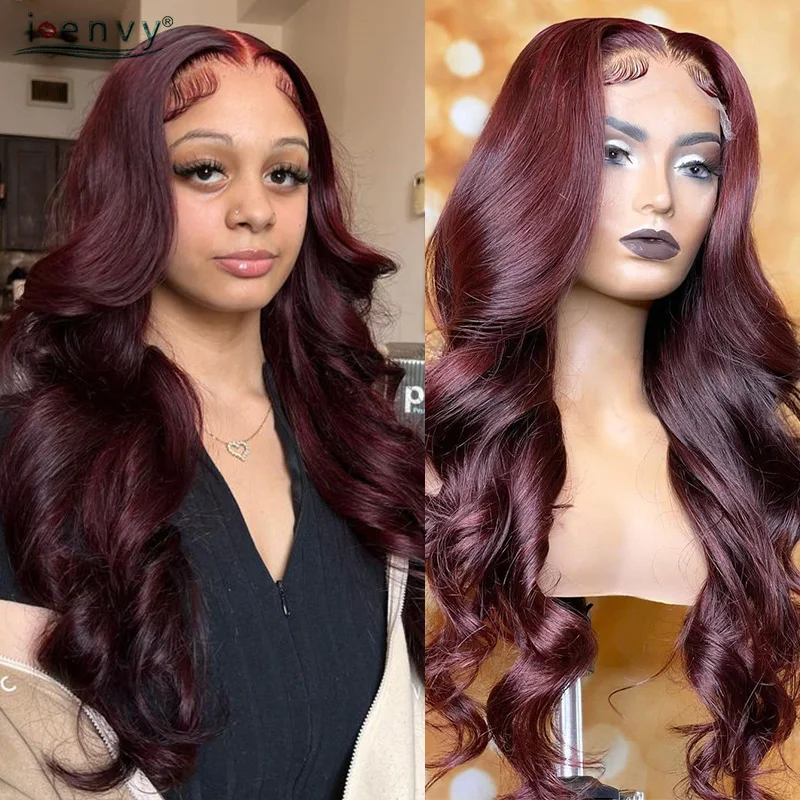 Burgundy Lace Front Wig Body Wave 32Inch Long Red Hd Lace Frontal Human Hair Wigs Pre Plucked Colored 99J Lace Front Wigs Remy