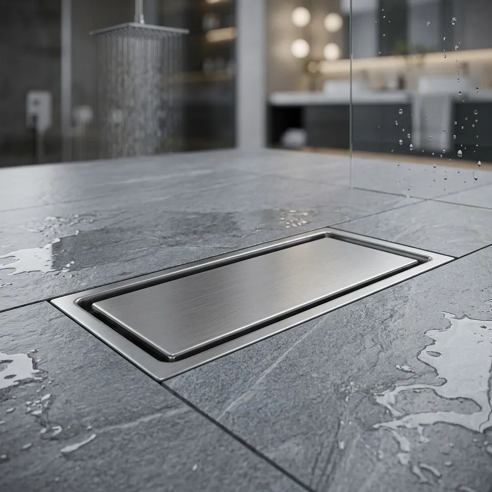 304 Stainless Steel Brushed Linear Shower Drain with 2in1 Flat Design and For Tile Insert Cover for Seamless Floor Integration