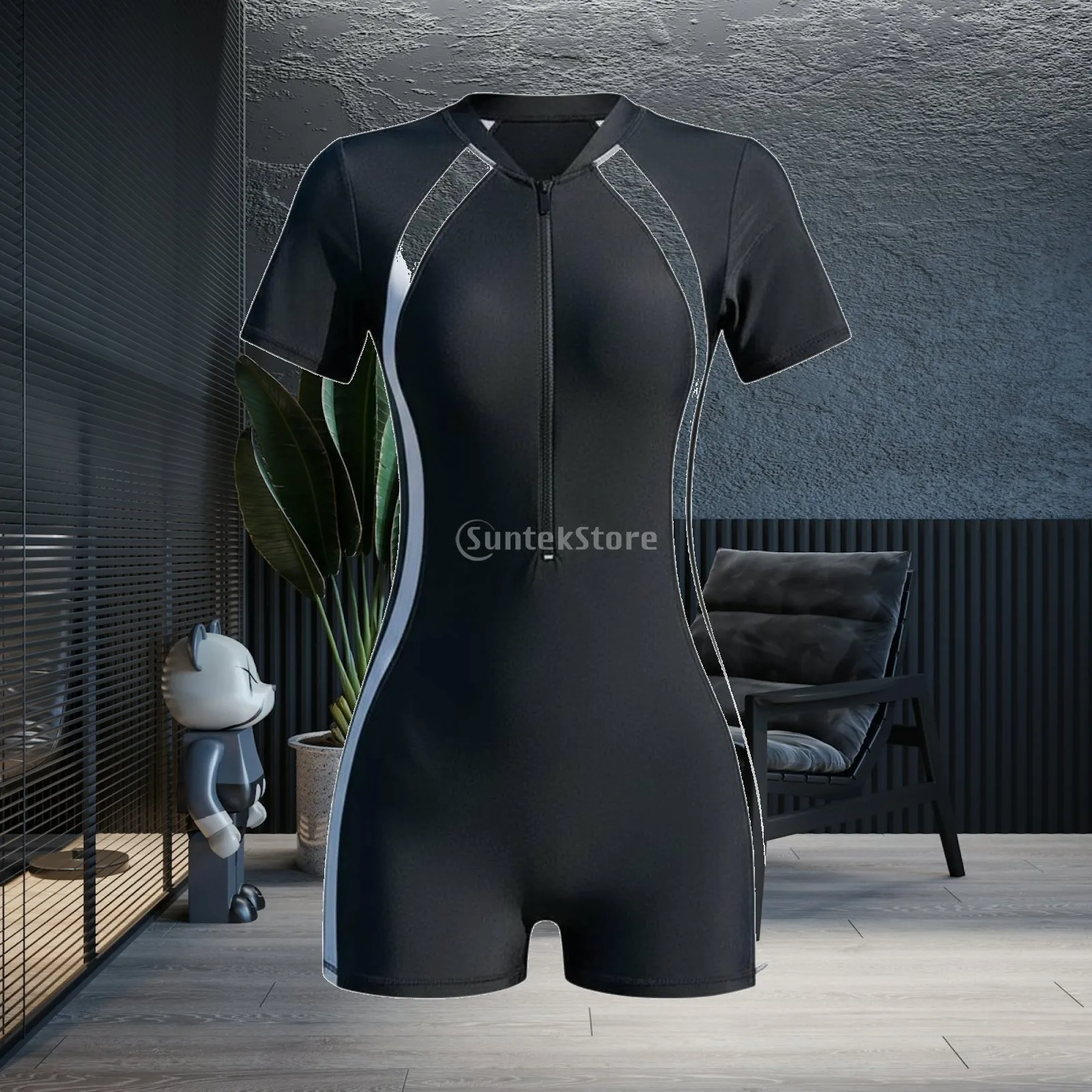 Women Long Sleeve Sunscreen Swimsuit Zip Front One Piece Boyleg Cut Bathing Suit for Water Sports Beach