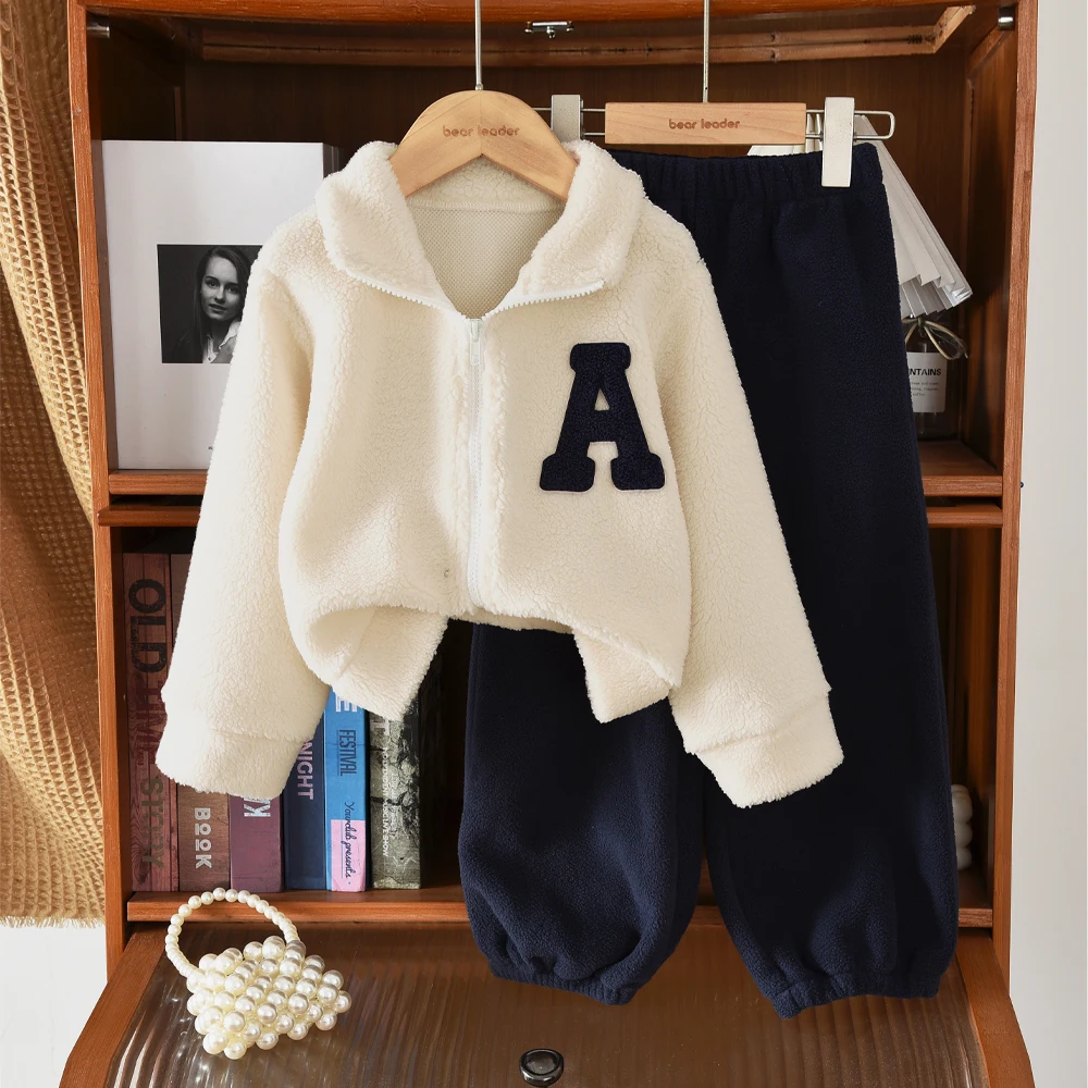 Herbst Winter Mode Lässig Warme Mädchen Kleidung Frühling Beige Stehkragen A-linie Fleece Jacke + Marineblau Hosen 2-stück Set