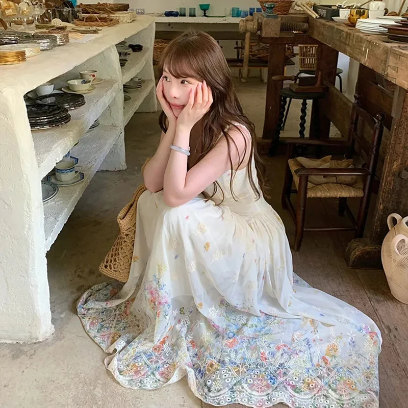 Abito con cinturino per spaghetti con stampa dolce Donna Moda coreana Vacanza Abito floreale senza maniche Estate Harajuku Dolce Camis Abiti lunghi