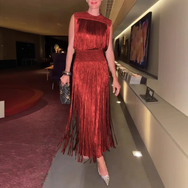 European and American Cross-border New Amazon Independent Station Elegant Fringed Dress Party Sleeveless Dress Two-piece Set