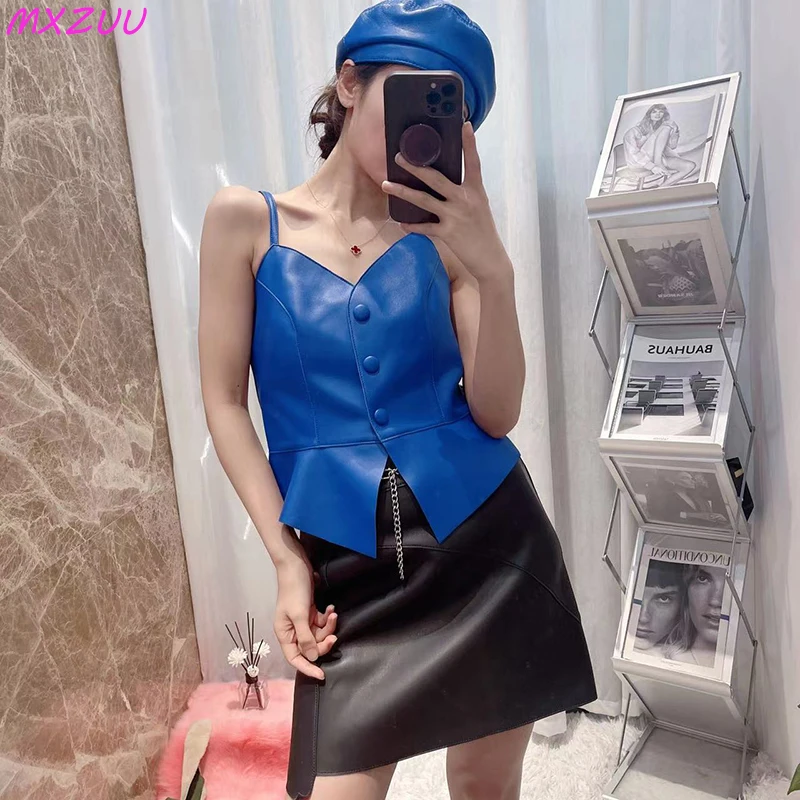 Genuine Leather Suspenders 2025 Women Spring Autumn Versatile Waist Closing Single Breasted Sleeveless Sheepskin Vest Tube Top