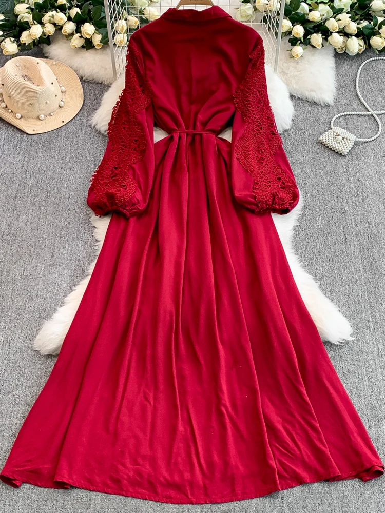 Elegant เสื้อแขนยาวผู้หญิง 2025 ใหม่ลูกไม้ Patchwork Maxi ชุดสีทึบพรรค Vestidos ชายหาดหลวม INKEO 5D148