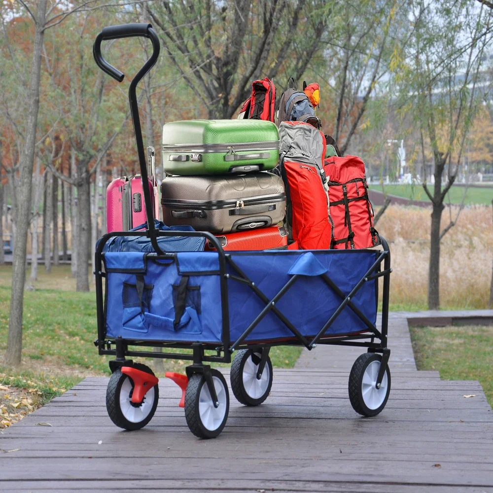 Folding Wagon Cart,Utility Camping Pull Cart for Sand Beach with Universal Wheels & Adjustable Handle, Large Capacity Wagon