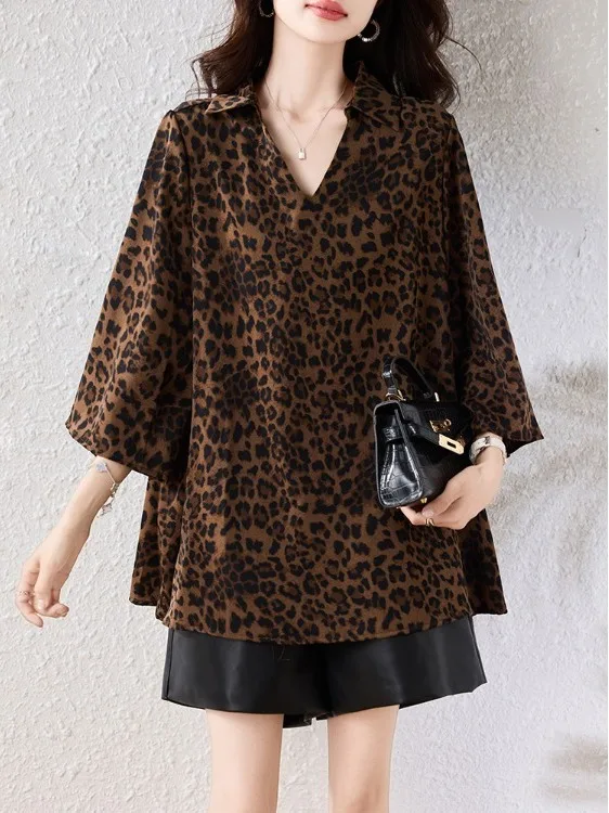 

Retro Hong Kong Sle Leopard Print irt Design Sensation Women's Autumn Spring Commute Sle V-ne Nine Sve Length