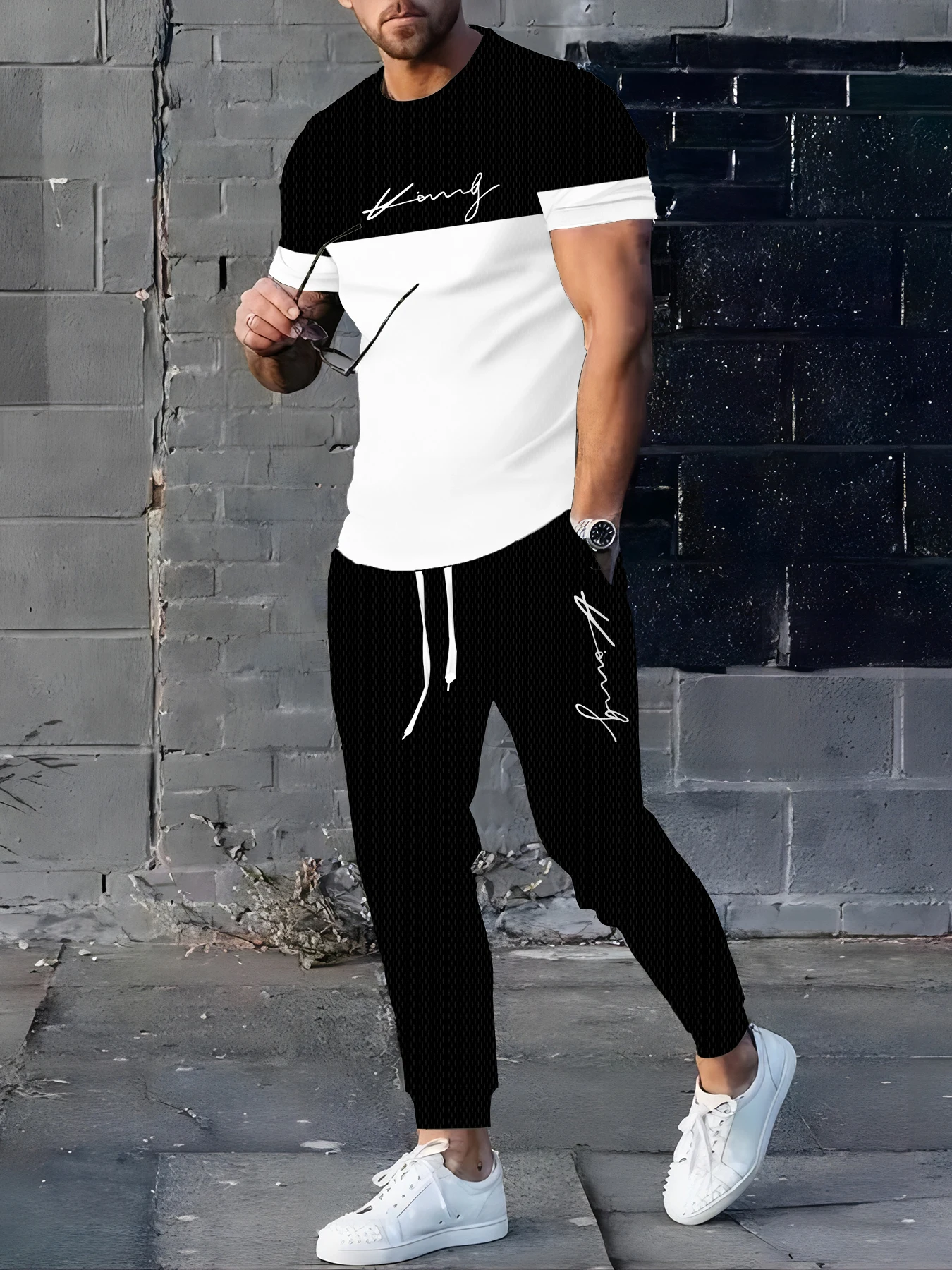 

New Men's Letter Print Two-piece Set Outdoor Casual Round Neck Short Sleeve Drawstring Long Pants Plus Size Loose Fit Outfit