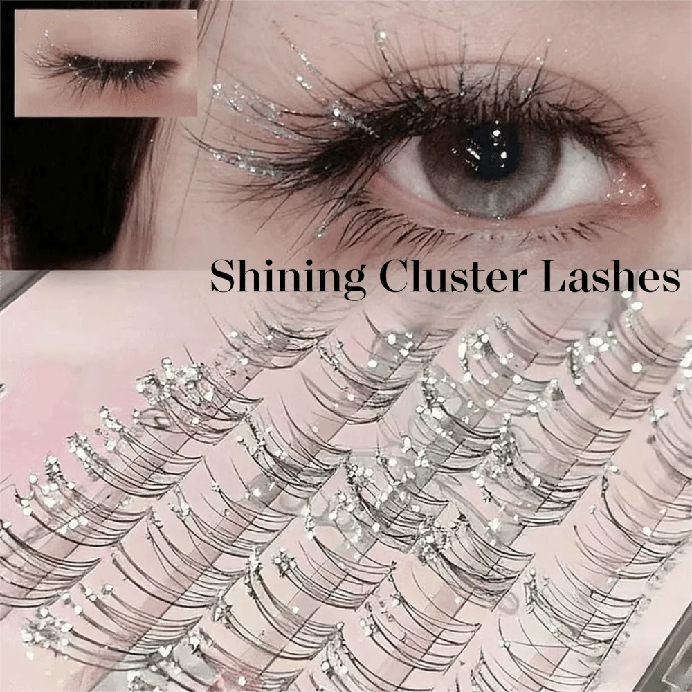 Shining Rhinestone Individual False Eyelashes 3 Rows Natural Look Cluster Lashes Fluffy Clusters Wispy Style 3D Volume Eyelashes