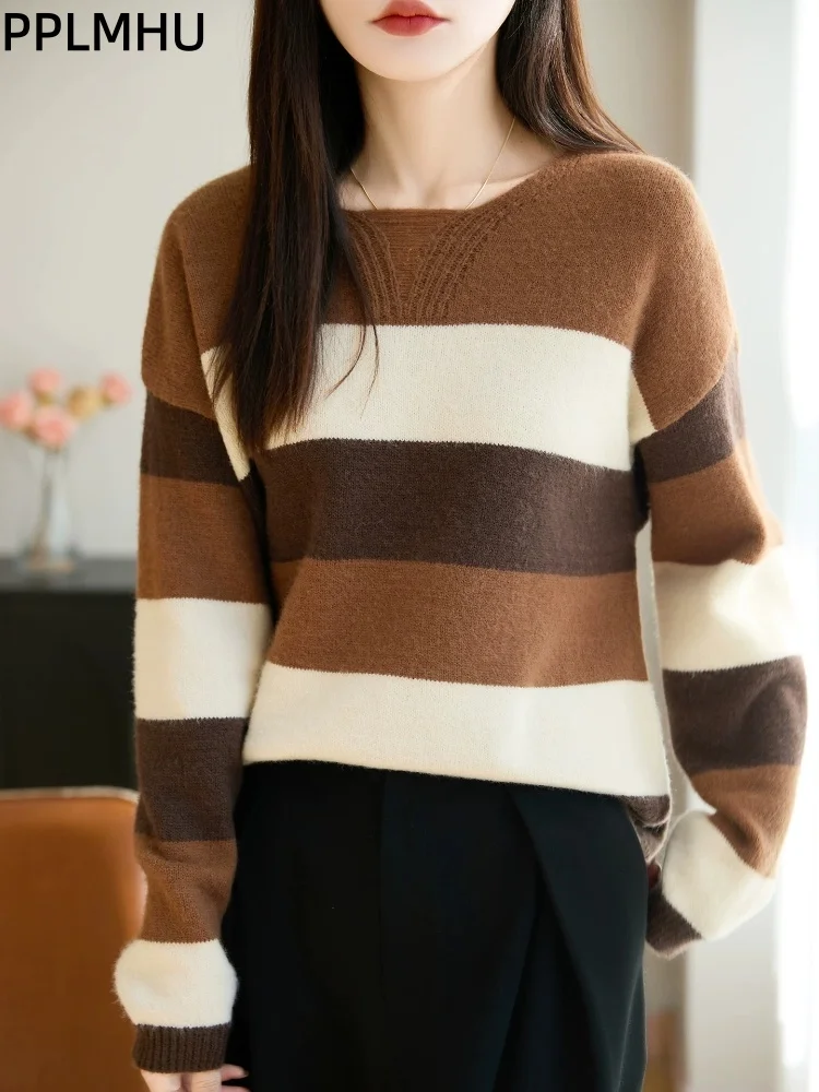 

Полосатый модный свитер с контрастными цветами, вязаный, женский, повседневный, свободный крой, пуловер с круглым вырезом, джемпер, сукер
