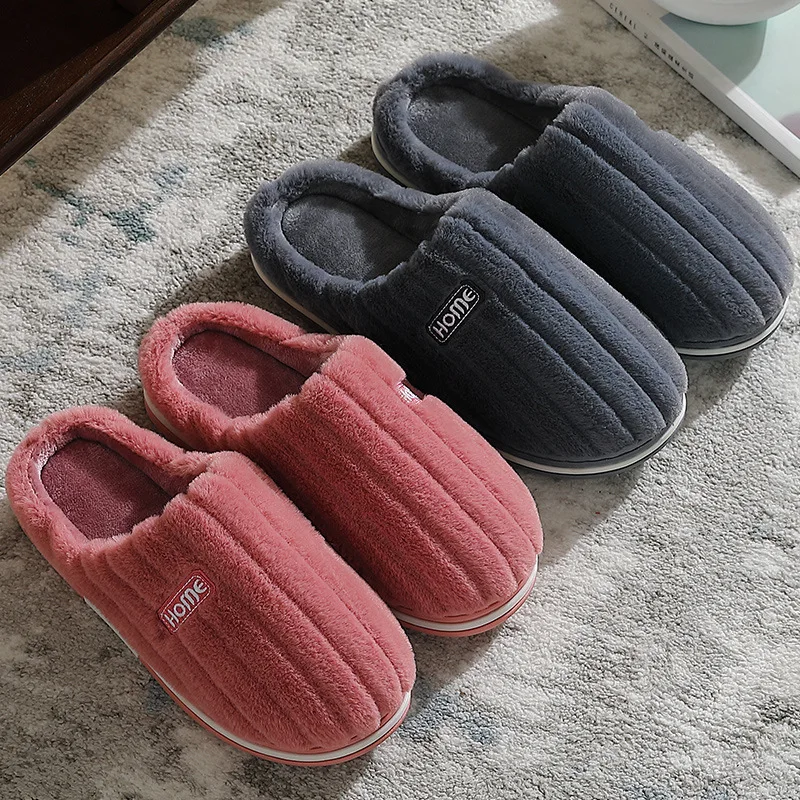 Big Size 48 49 Men Home Slippers Winter Warm Plush Women Soft Furry Shoes Couples Casual Bedroom Thick Sole Non-Slip Slides