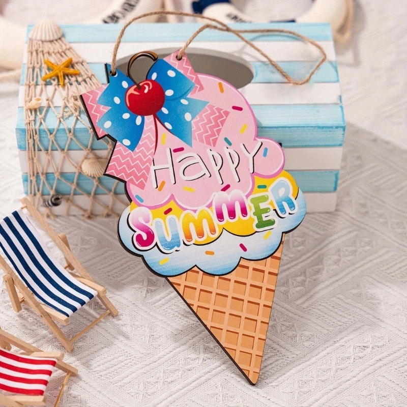 2Pcs Summertime Hangings Door Sign Decors Beach Colorful Ice Cream Plaques with Rope for Farmhouses Holiday Party