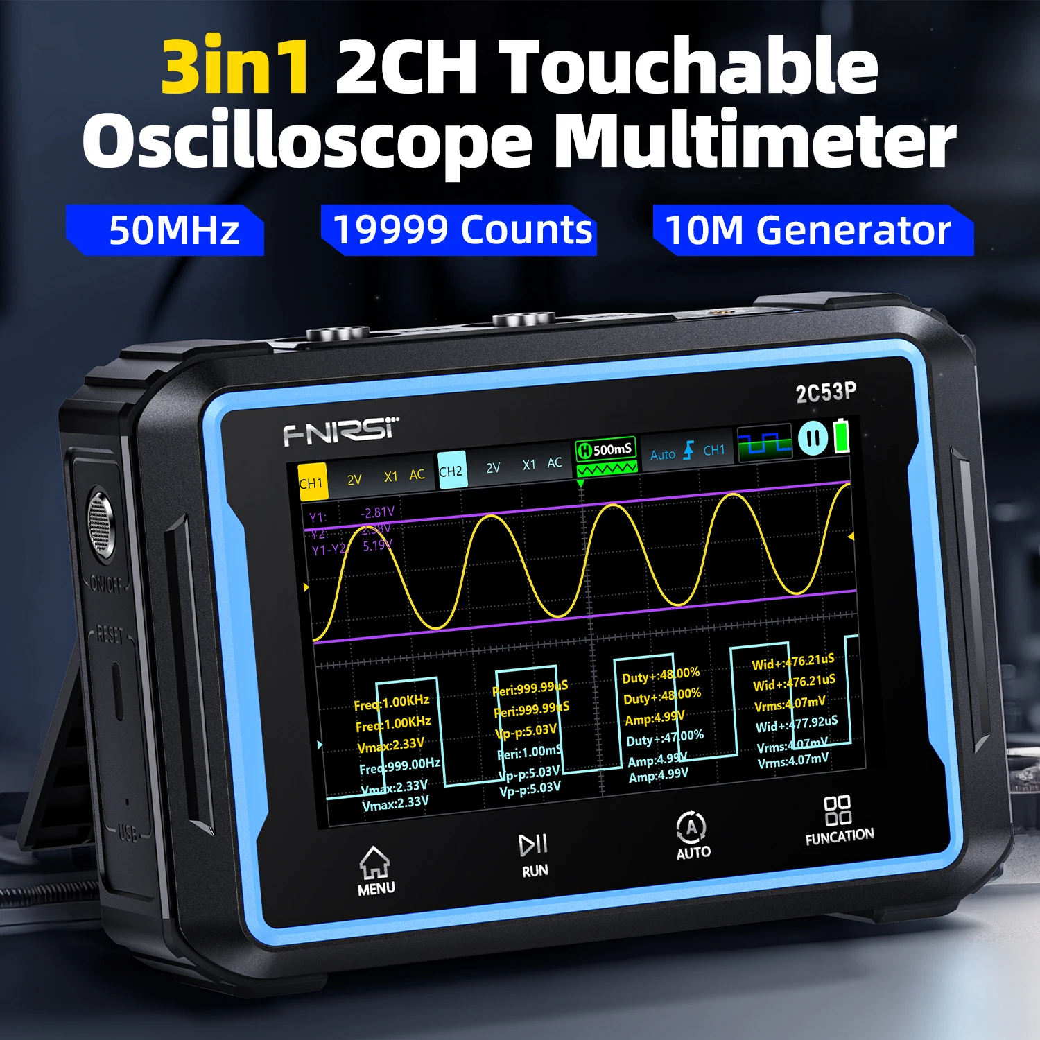 FNIRSI 2C53P Touch Screen Portable Digital Oscilloscope Multimeter Signal Generator 3in1 2 Channel 50MHz 250Ms/S 19999 Counts