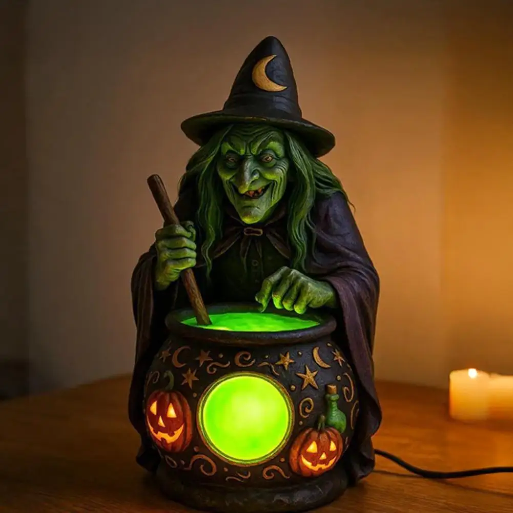 Halloween Witch Cauldron Lamp with Eerie Green Glow LED Witch Ghost Lamps Spooky Witch Brewing Pot Light Home Decoration