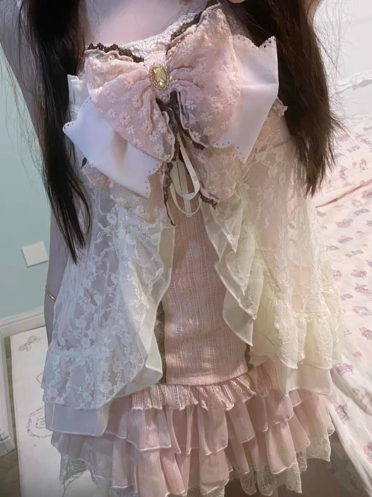 

Women's Designer Sweet Elegant Cute Bow Sling Tops + Cake Short Skirt Suit New Japanese Vintage Lace Pink Kawaii 3-piece Set