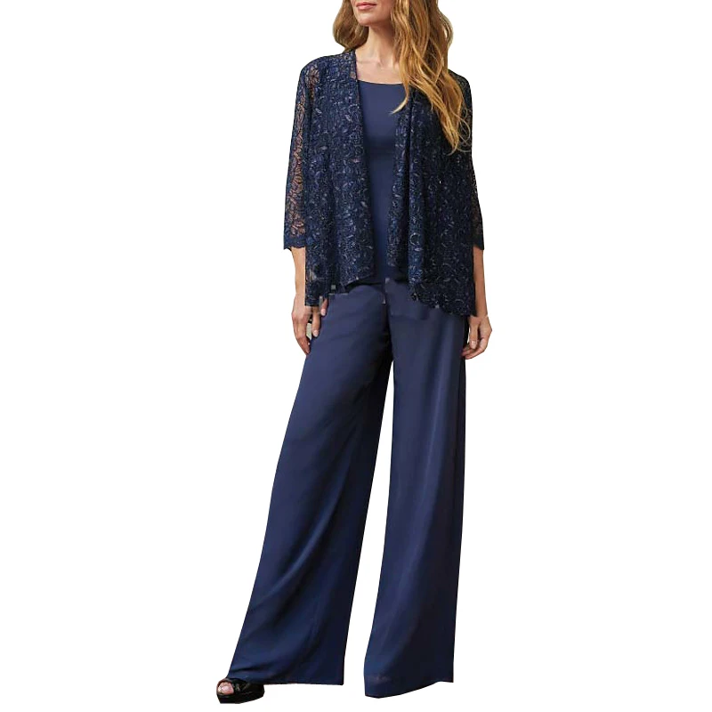 

Chic Mother of the Bride Pantsuit in Navy Lace and Chiffon Wide Leg Pants with Sleeveless Top Sheer Jacket Wedding Attire Women