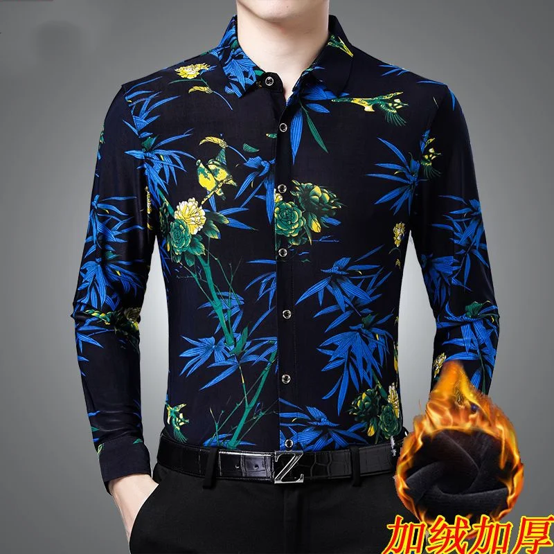 Printed Fashionable Plush and Thickened Winter Men\'s Lapel Long Sleeved Floral Shirt Casual Loose Fitting Warm Versatile Top