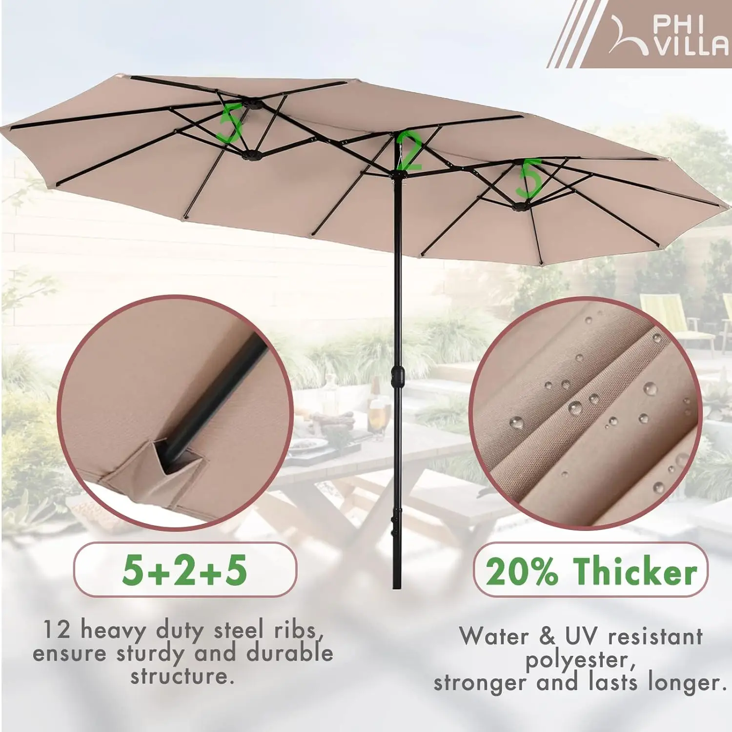 PHI VILLA 7 Pieces Outdoor Dining Set with Umbrella for 6, Rectangular Wood-Top Metal Table  Wicker Chairwith Cushions