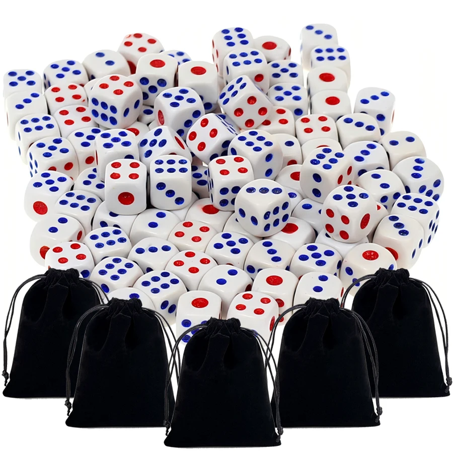 40/60/80/100 piezas de dados de 10 mm con puntos rojos y azules, con 2/3/4/5 bolsas de almacenamiento con cordón negro, accesorios para juegos de mesa, artículos para fiestas