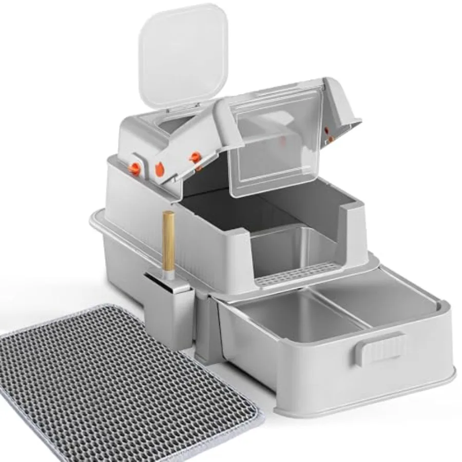 Enclosed Stainless Steel Cat Litter Box with Drawer XL Large Metal Cat Box with Lid for Indoor Cats Metal Covered Litter Pan wi