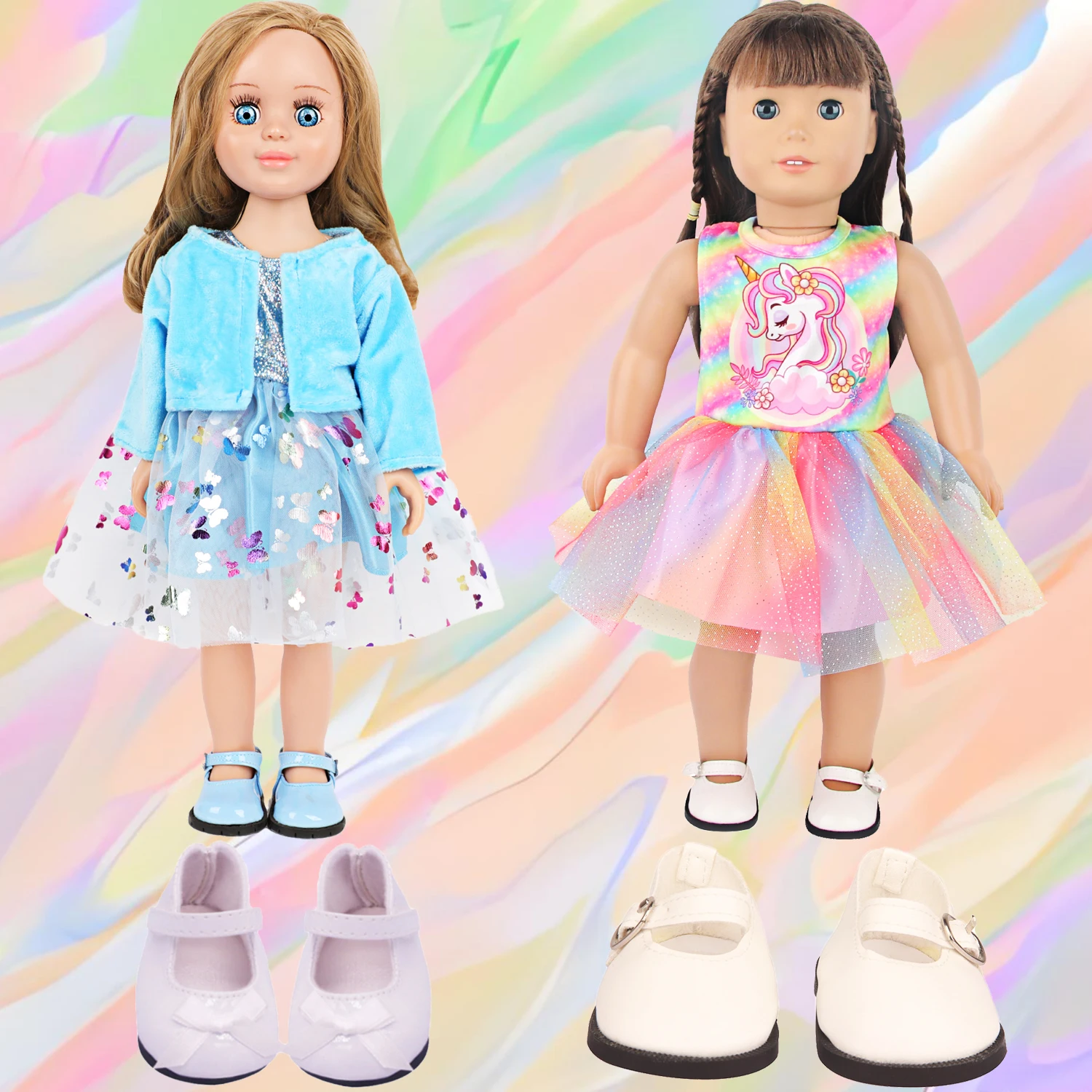 

Костюм для кукол: синее платье-бабочка + пальто + юбка с милым единорогом + 2 пары обуви для 18-дюймовых американских и 43-сантиметровых новорожденных кукол, кукол OG