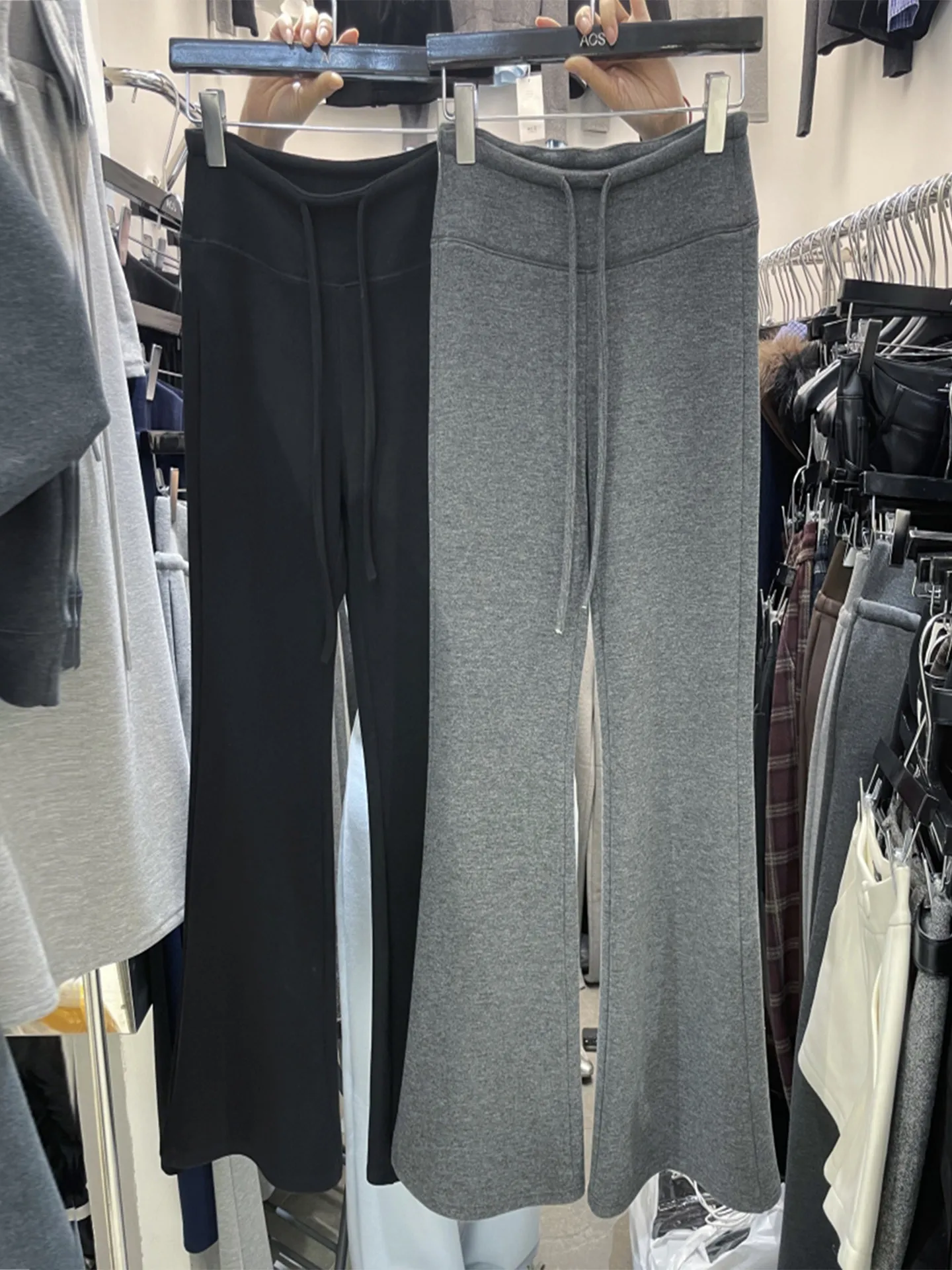 High Waist Thiened Fce Lined Slim Fit Casual Pants Women's Winter Wide Leg Pants Korean Sle Pure Color Elastic Waist